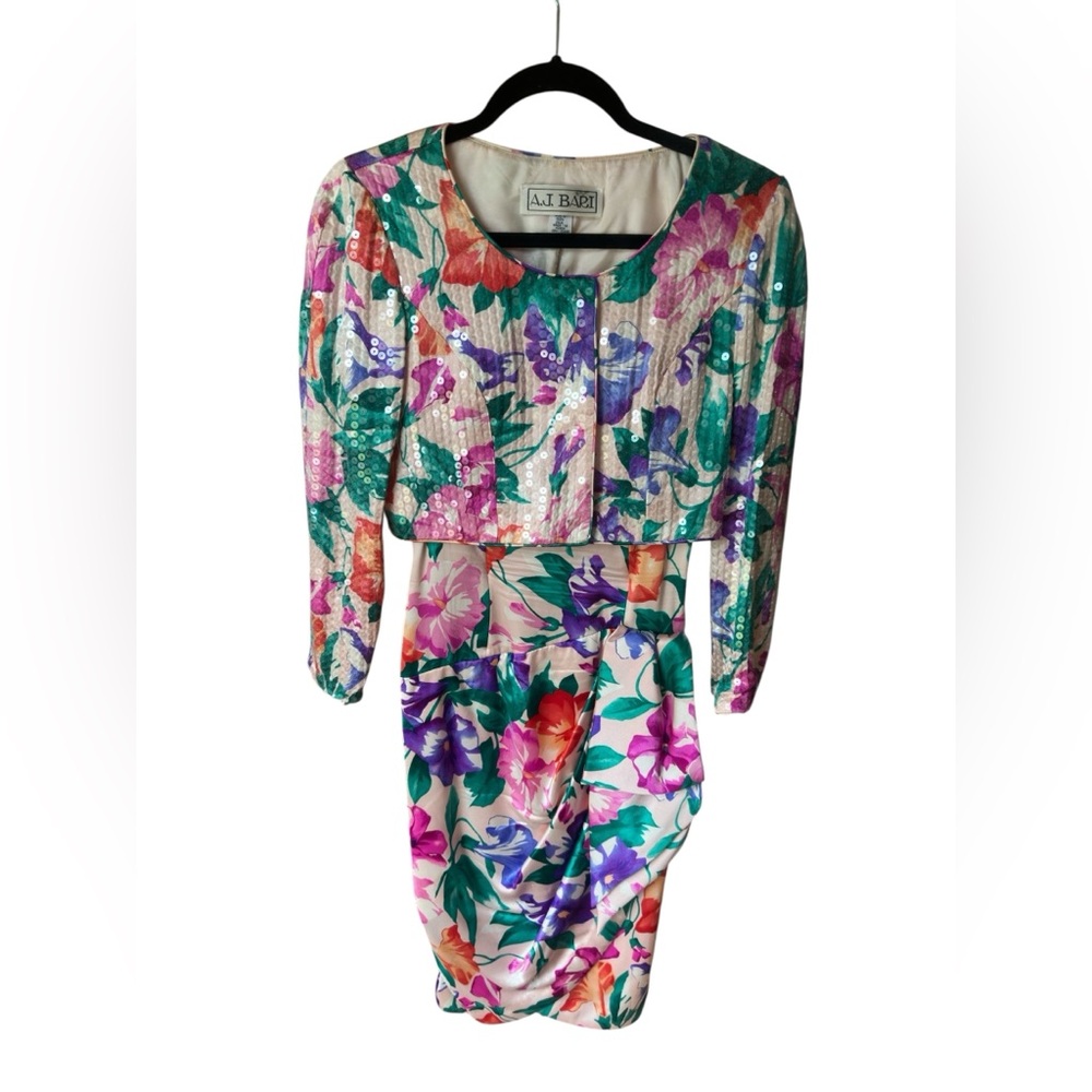 Vintage 80s‎ A.J. Bari Silk Sequin Floral Dress Set Bold Cocktail Party Glam 2 - Picture 2 of 12